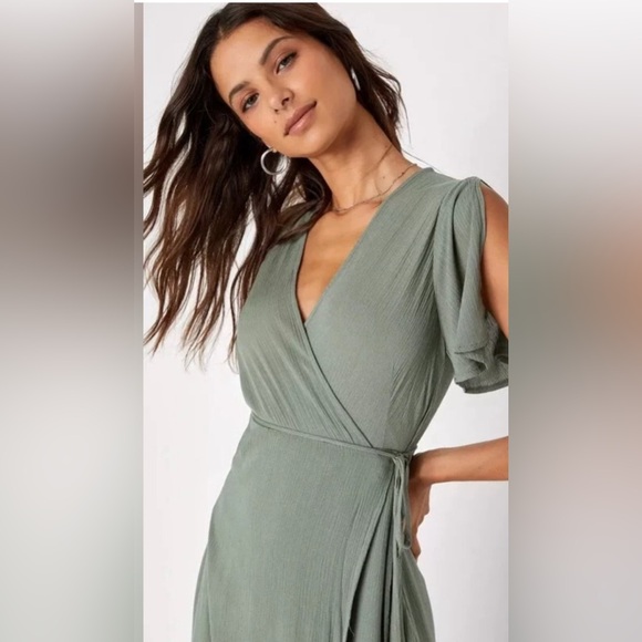 Lulus Much Obliged Washed Olive Green Wrap Maxi Dress - Medium - Picture 4 of 7